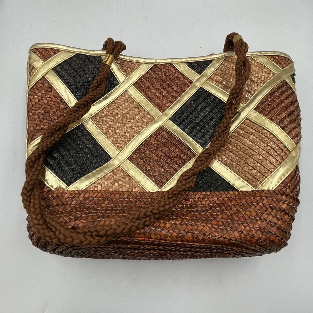 Worthington Tote Bag Brown Womens Woven Straw Gold Trim H 10 x W 14 x D 4.5 in